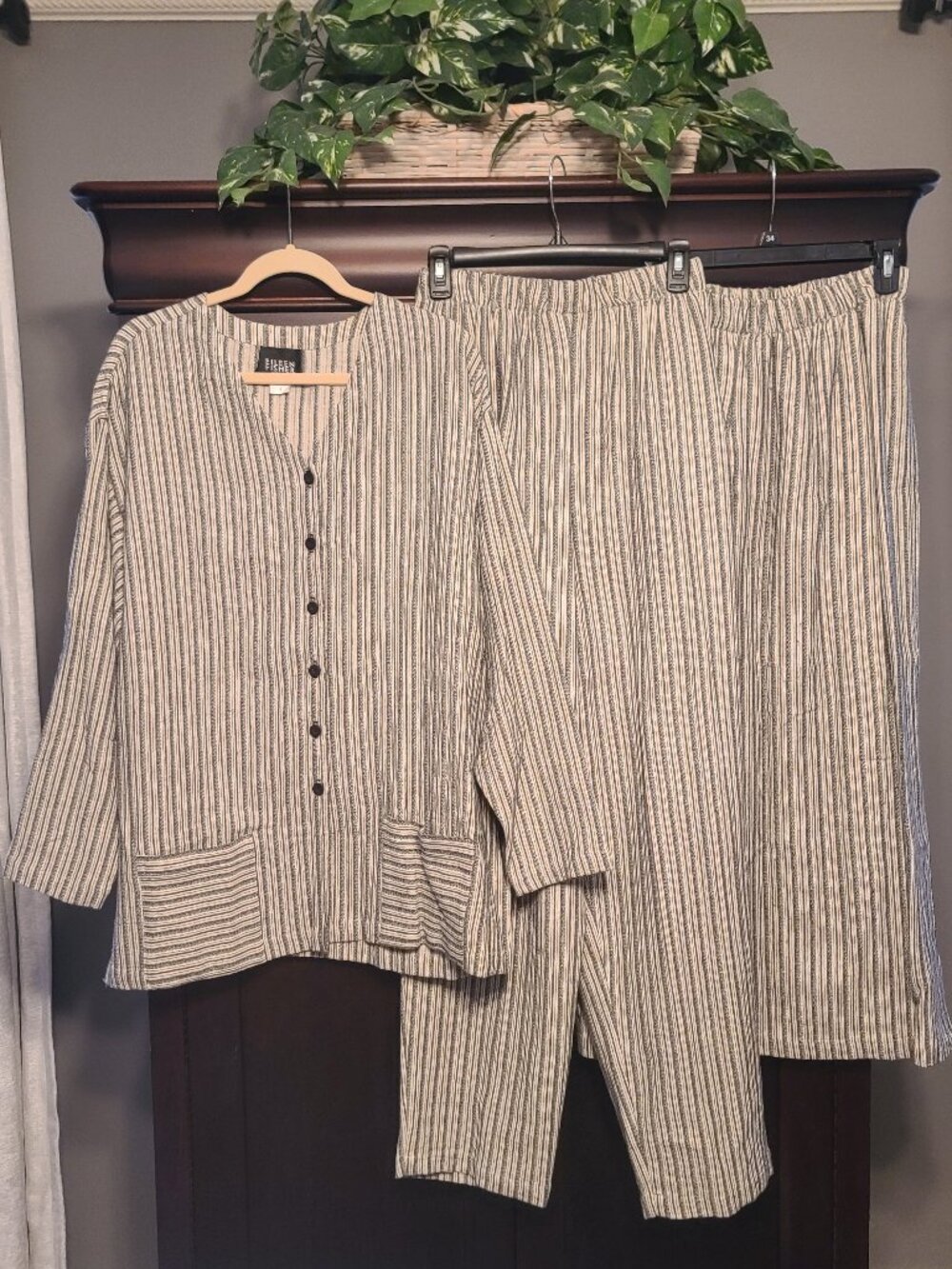 Eileen Fisher Sz M/L 3 Pc Set Outfit Oversized Jacket Maxi Skirt Pant Gray Linen